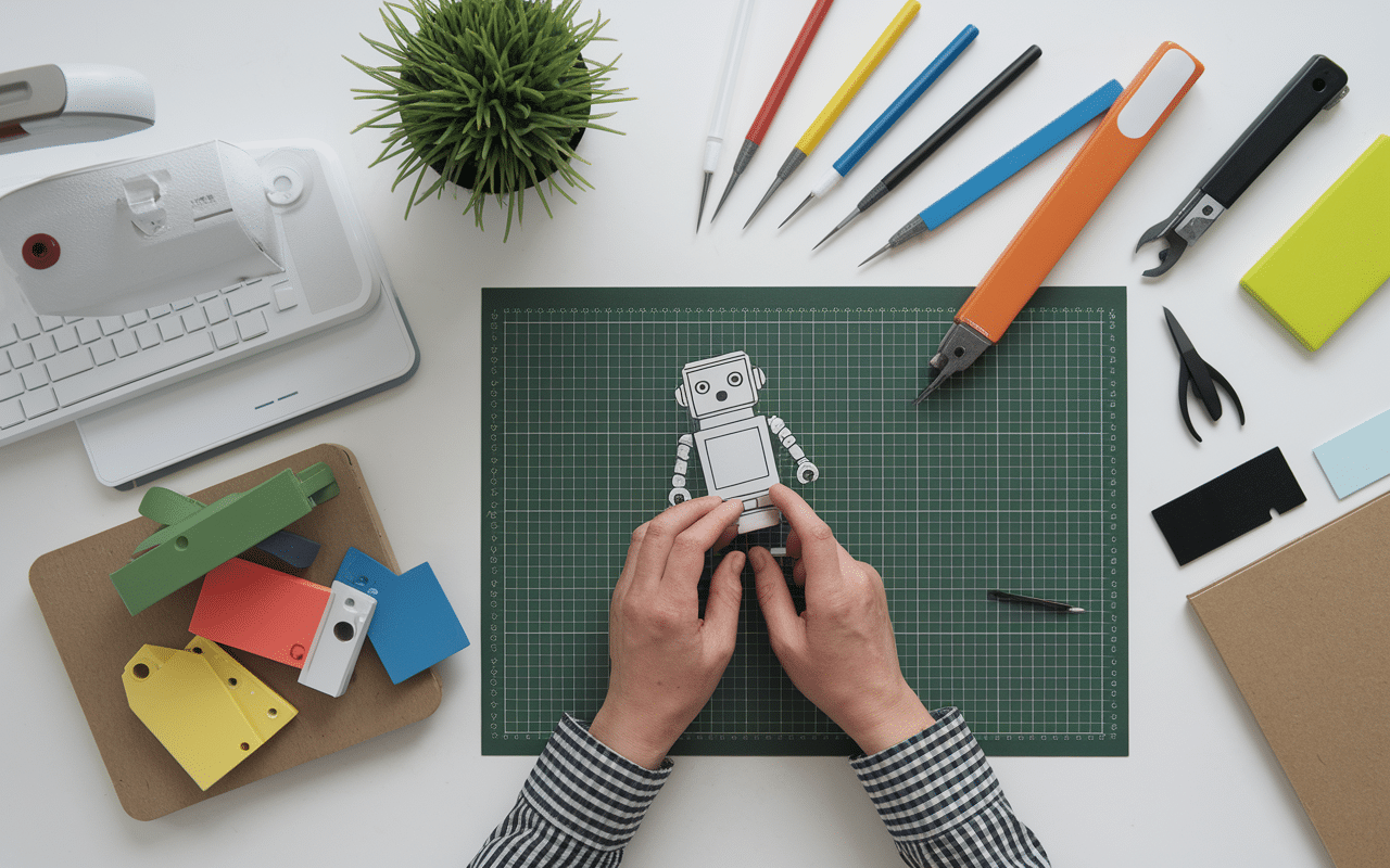 Outils et pièces pour maquette gundam sur espace de travail