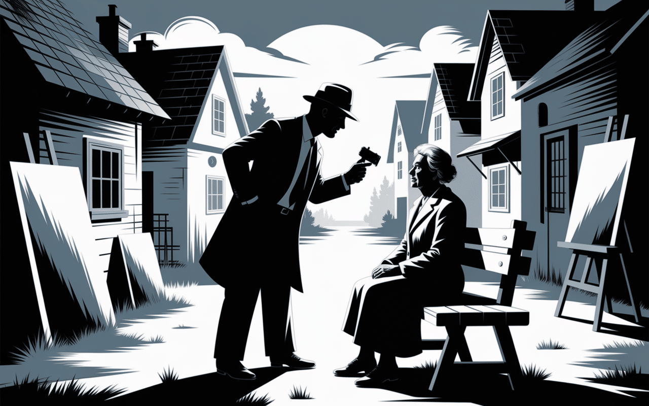 Détective silhouette interrogeant une vieille dame dans un village artistique