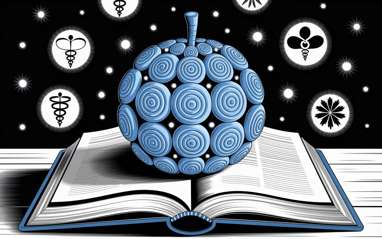 Fruit rond magique sur livre ouvert