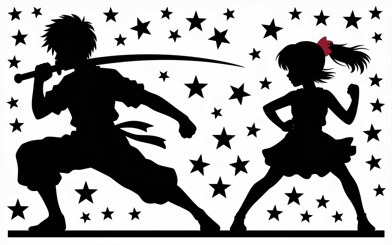 personnages manga avec épée et étoiles