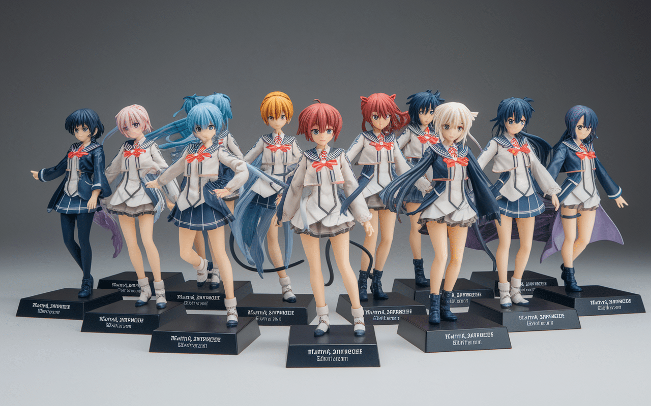 Rangee de figurines anime poses variées