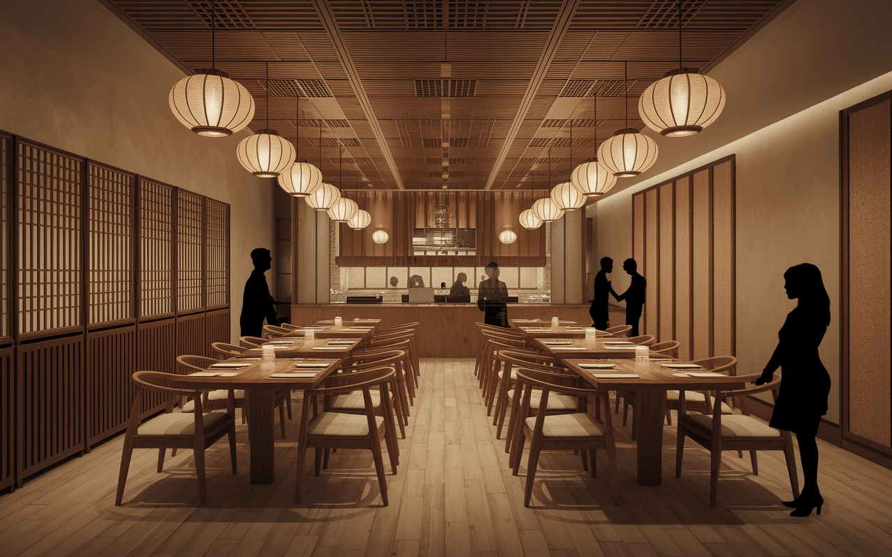 Intérieur stylisé du restaurant asiatique Yam Yam avec ambiance chaleureuse.