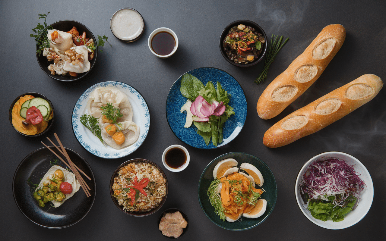 Assortiment de plats asiatiques Yam Yam vus du dessus.