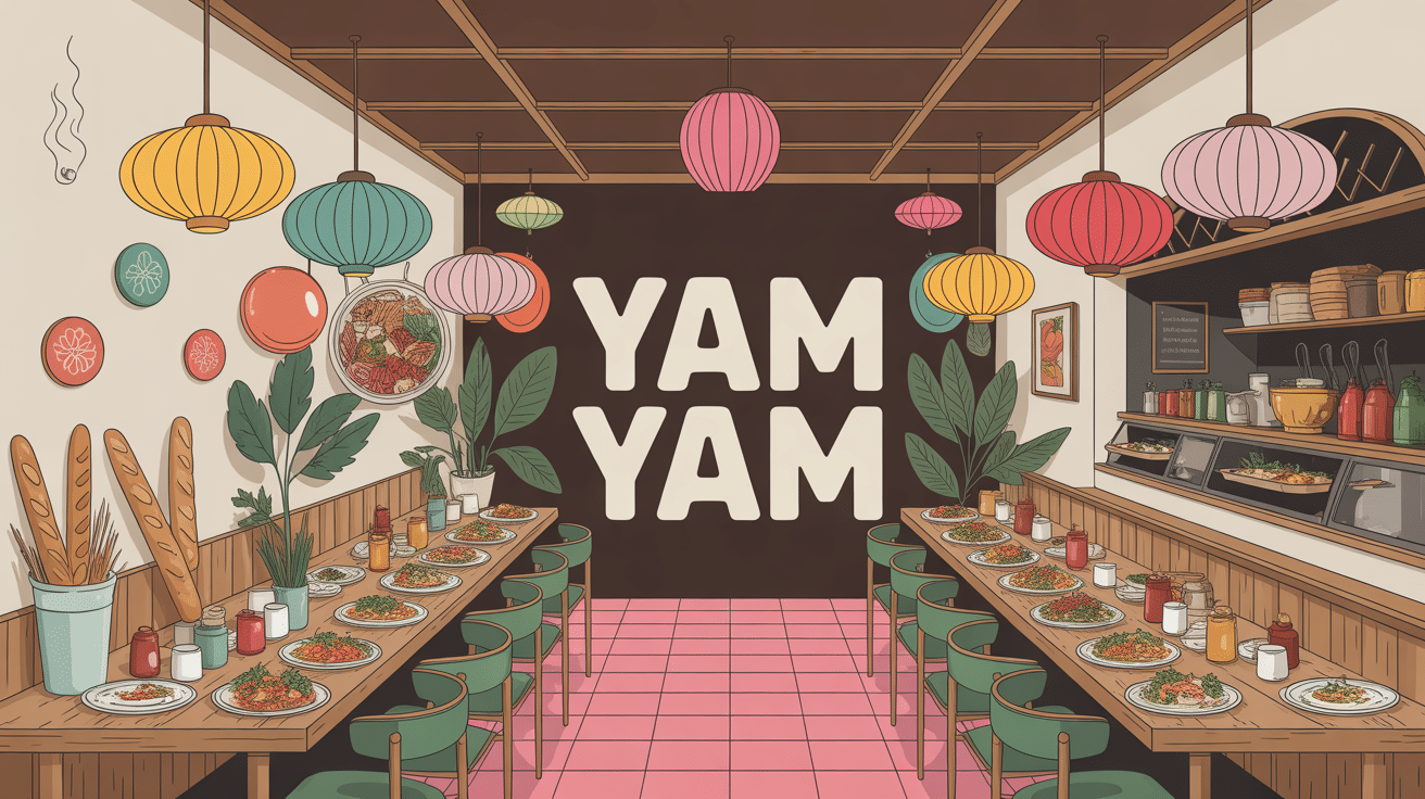 Vue du restaurant asiatique Yam Yam moderne avec nouilles, lanternes et plats.