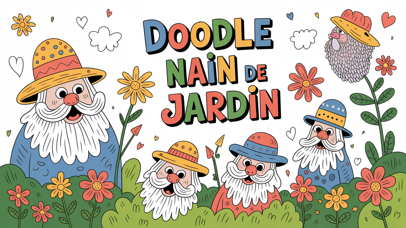 Doodle nain de jardin coloré dans un jardin fleuri