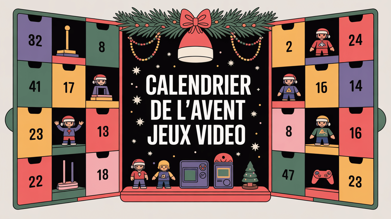 Calendrier de l'avent jeux vidéo ouvert avec figurines et accessoires gaming