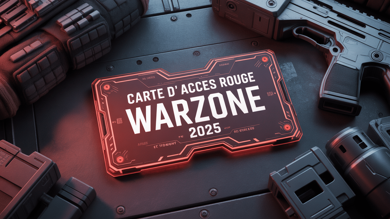 carte d'accès rouge warzone 2025 sur surface métallique avec équipements tactiques