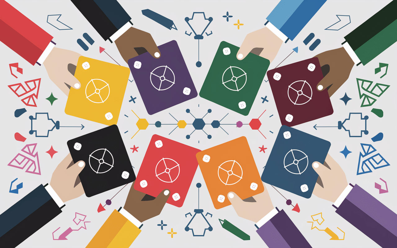 deckbuilding mains cartes symboles engrenages