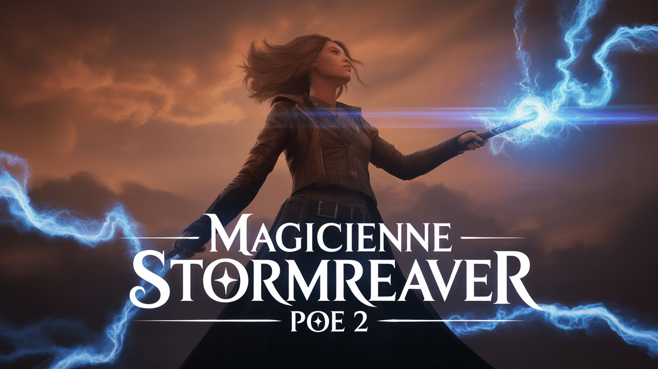 Magicienne Stormreaver PoE 2 sous un ciel orageux avec éclairs