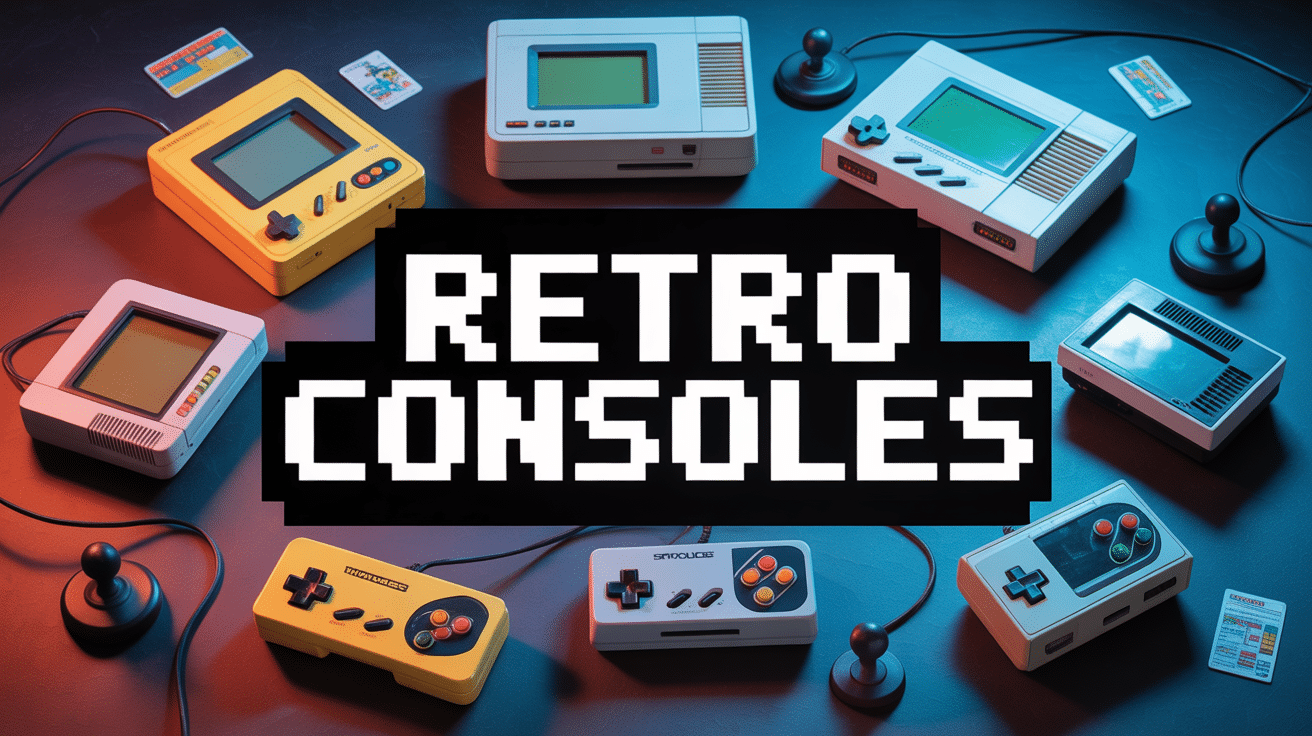 Retro console exposées avec manettes et cartouches
