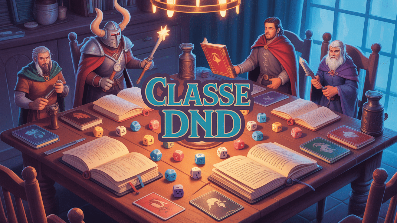 table jeu classe dnd avec figurines et dés