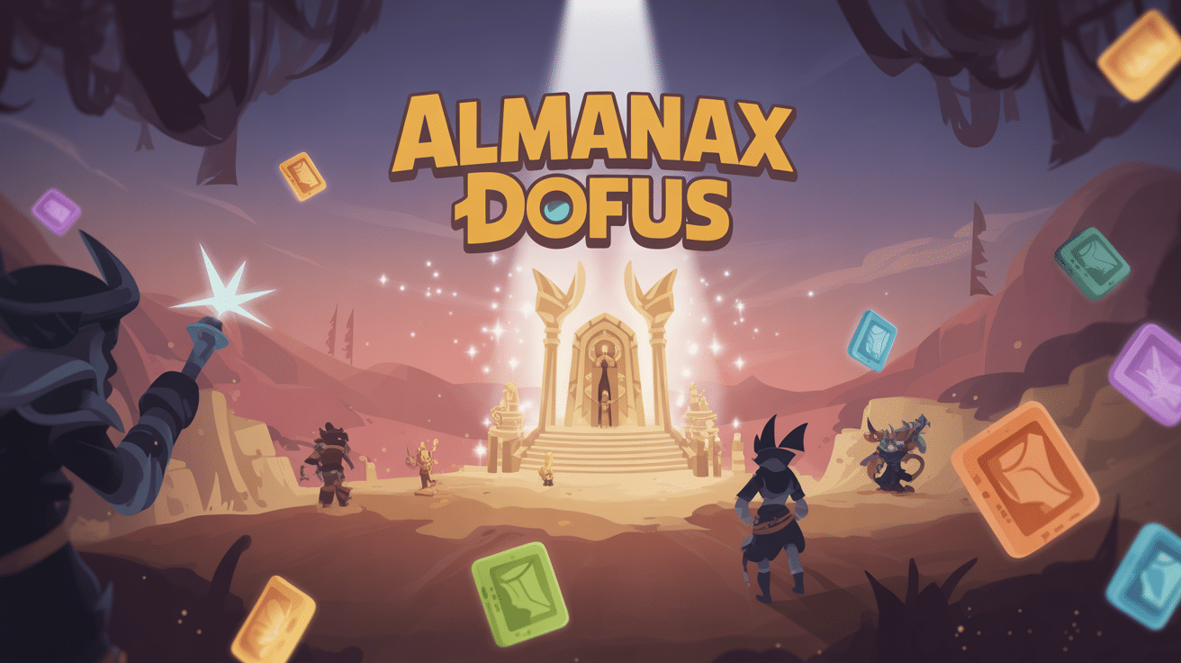 Illustration temple Almanax Dofus avec récompenses magiques