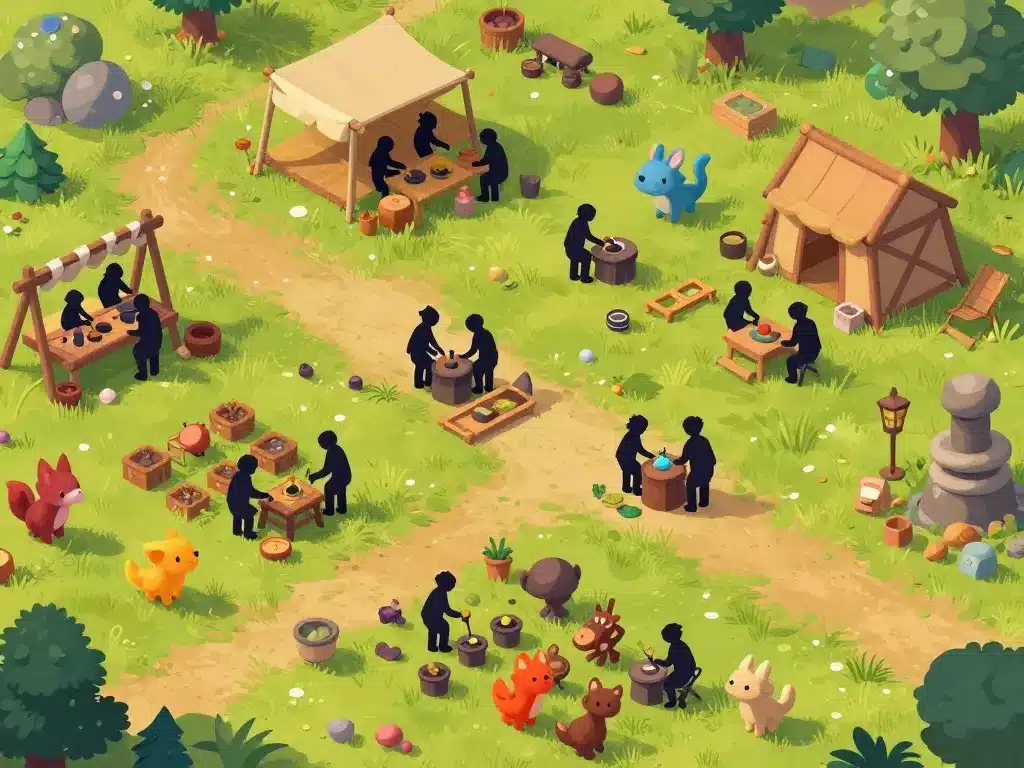 Camp dynamique dans palworld avec Pals au travail pour la gestion de ressources