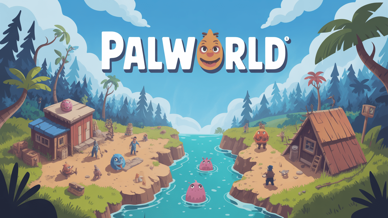 Illustration stylisée du monde de palworld avec aventure, survie et créatures