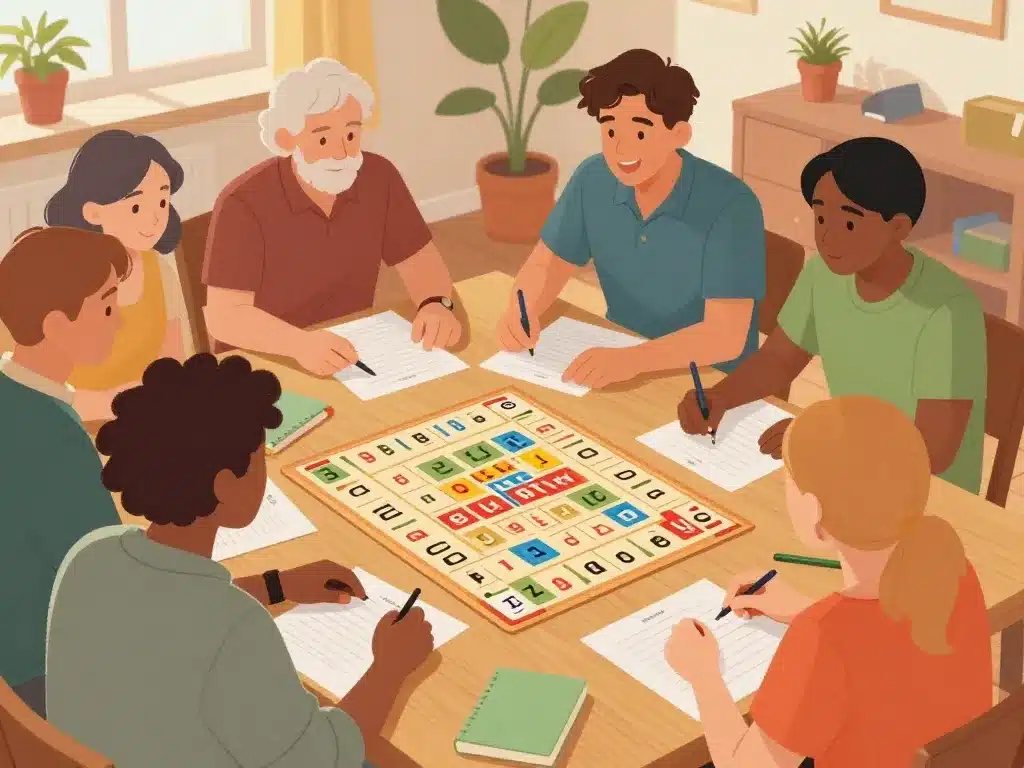 scène préparation petit bac groupe joueurs ambiance ludique