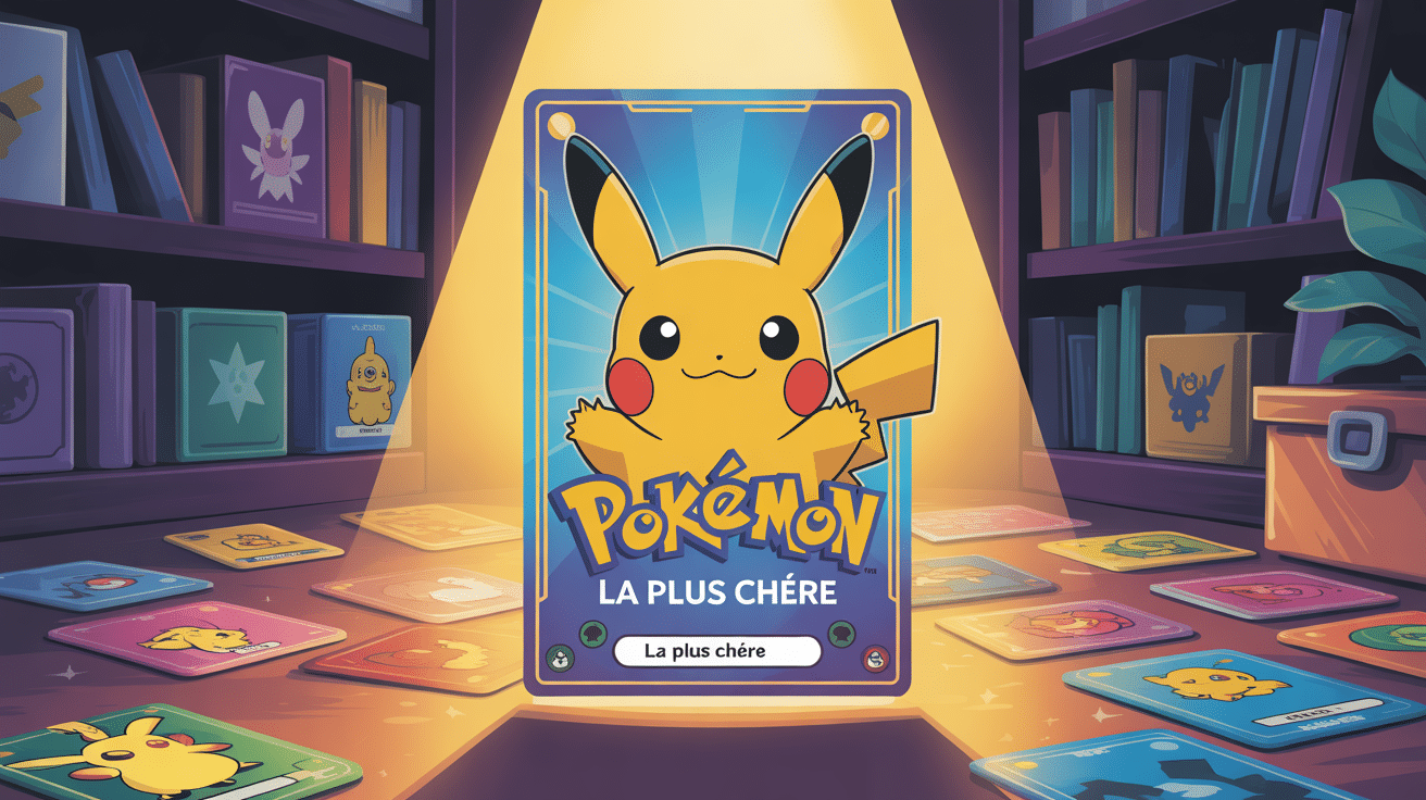 Scène collection carte Pokémon la plus chère lumière dorée