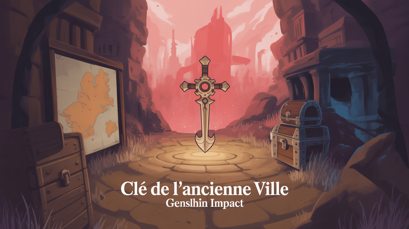clé de l'ancienne ville genshin, illustration ruines antiques et coffres