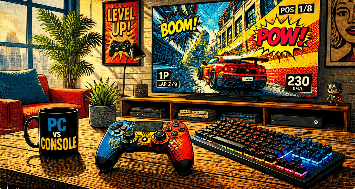 console gaming vs pc sur table basse salon