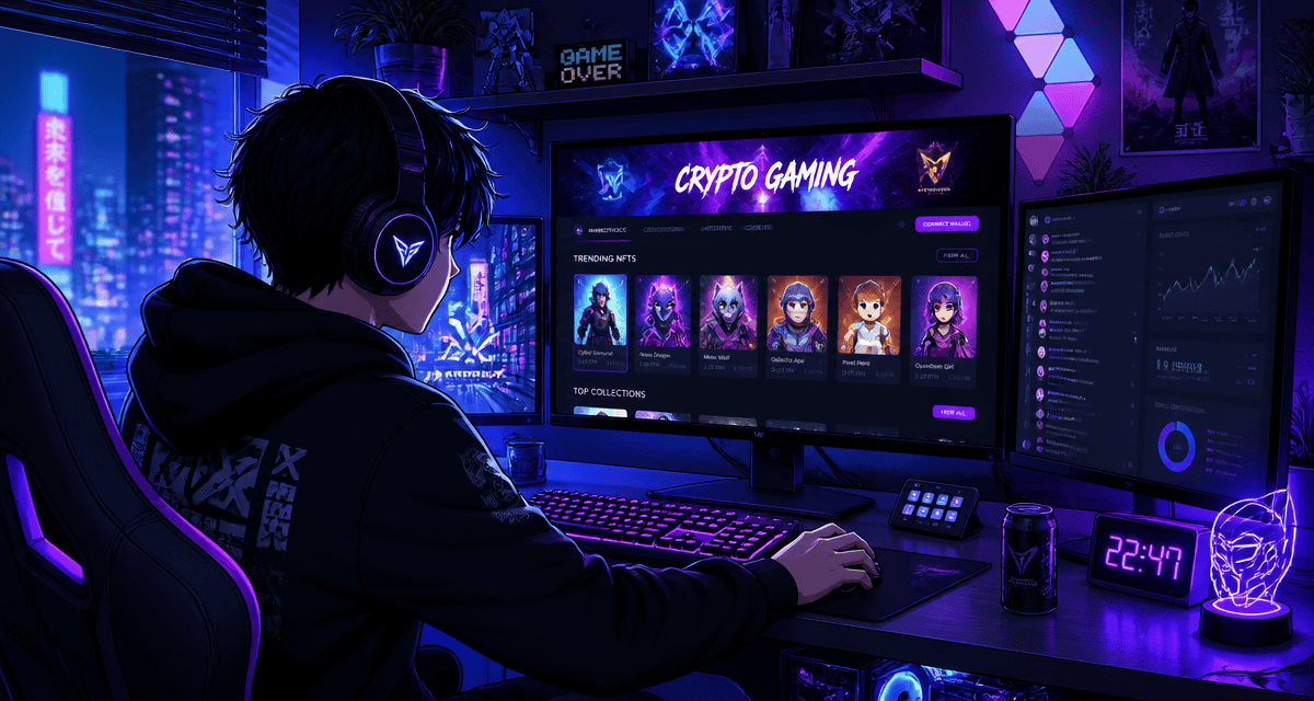 crypto gaming jeune joueur devant écrans NFT