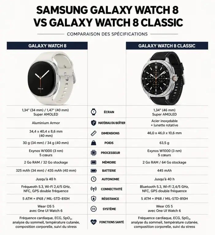 Comparatif technique Samsung Galaxy Watch 8 vs Galaxy Watch 8 Classic