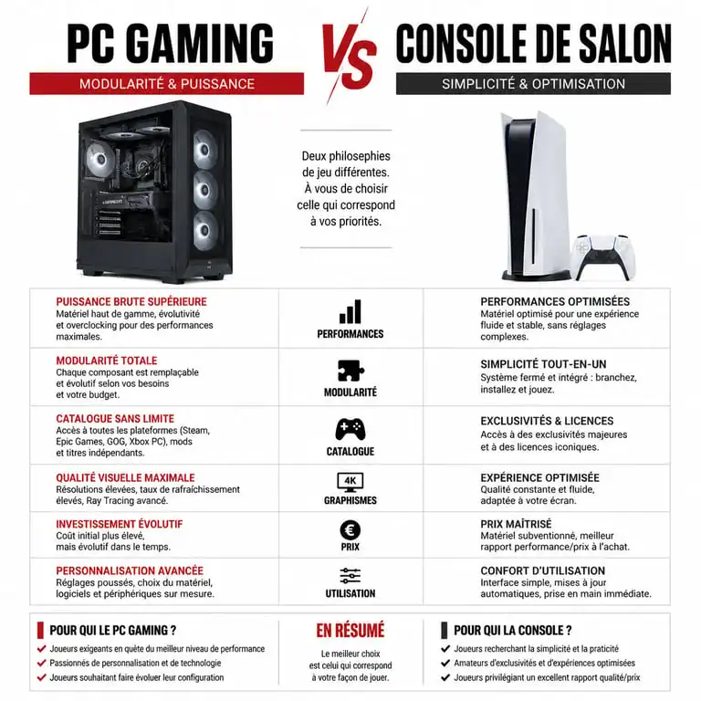 Infographie comparative PC gaming vs console de salon pour aider au choix de plateforme