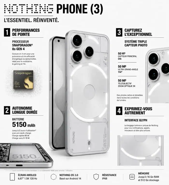 Infographie des caractéristiques techniques et points forts du smartphone Nothing Phone 3