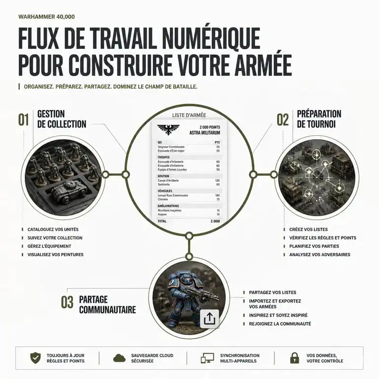 Infographie illustrant le fonctionnement de l'outil ALN 40k pour la gestion d'armées Warhammer 40,000