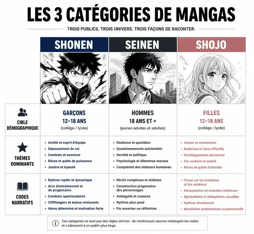 Infographie comparative des catégories de mangas : Shonen, Seinen et Shojo pour comprendre leurs différences.