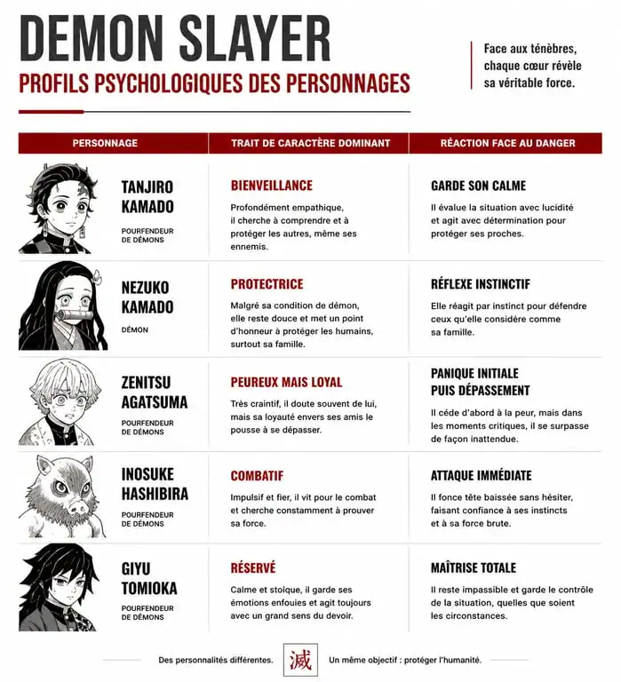 Infographie des traits de caractère et profils psychologiques des personnages de Demon Slayer pour savoir quel personnage de Demon Slayer es tu