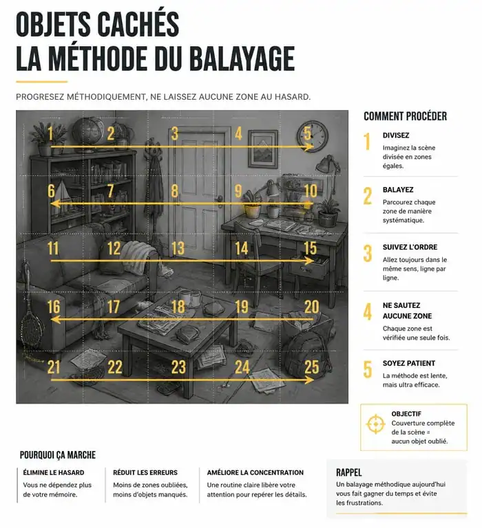 Infographie illustrant la méthode de balayage par quadrillage pour les jeux d'objets cachés gratuits en français
