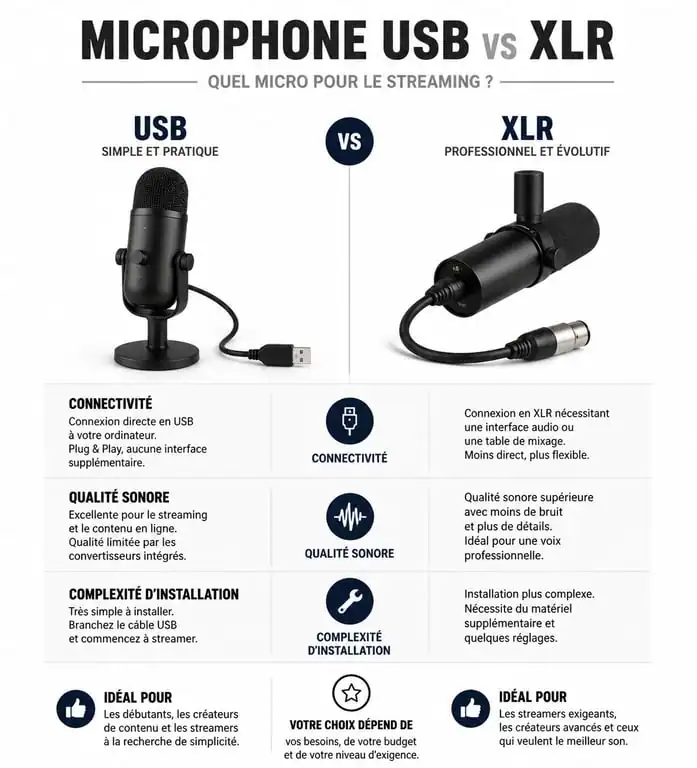 Infographie comparative des microphones USB et XLR pour le streaming