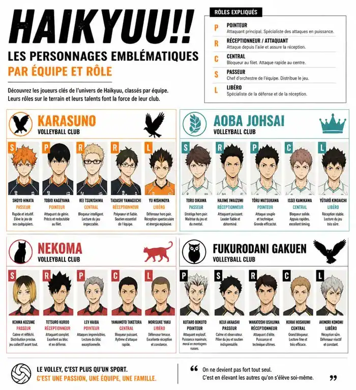 Infographie des personnages principaux de l'anime Haikyuu et leurs équipes respectives