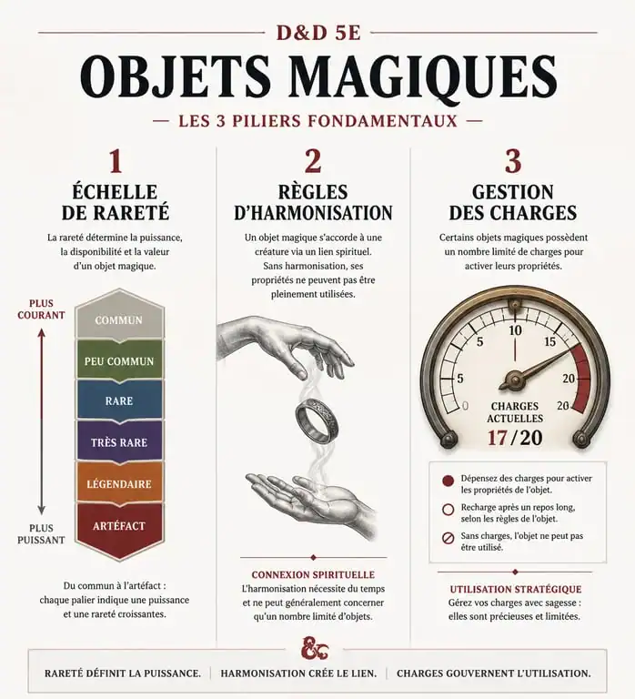 Infographie récapitulative des règles des objets magiques pour D&D 5e : rareté, harmonisation et charges.