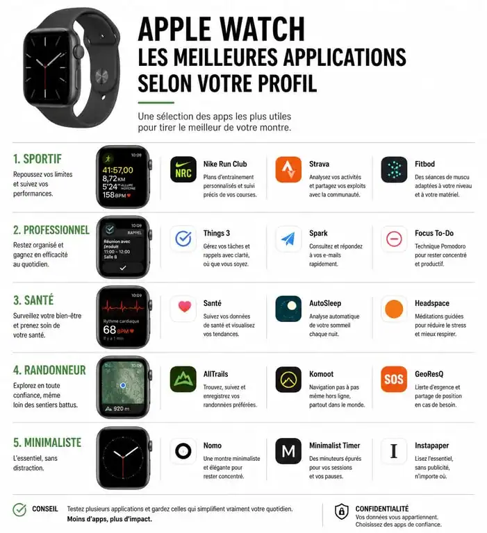 Infographie des meilleures applications Apple Watch par profil utilisateur