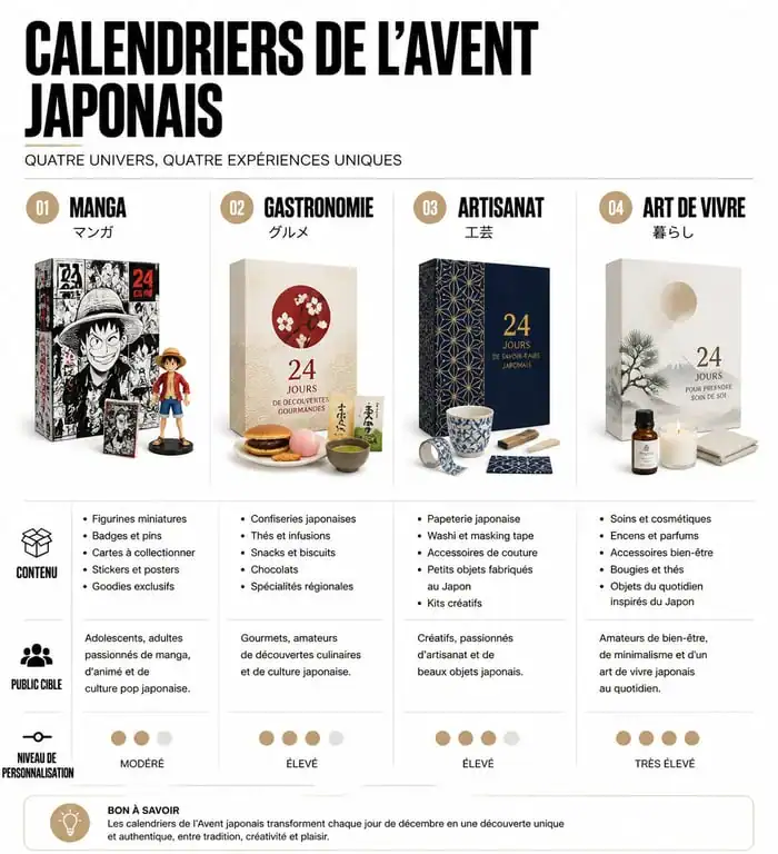 Infographie comparative des calendriers de l'Avent culture japonais 2025 : manga, gastronomie, artisanat et art de vivre.