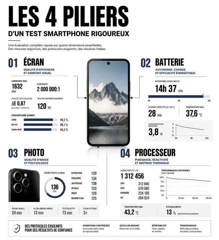 Infographie des critères de test smartphone : écran, batterie, photo et processeur