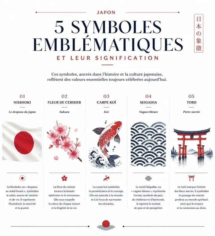 Infographie récapitulative des principaux symboles japonais et leur signification culturelle