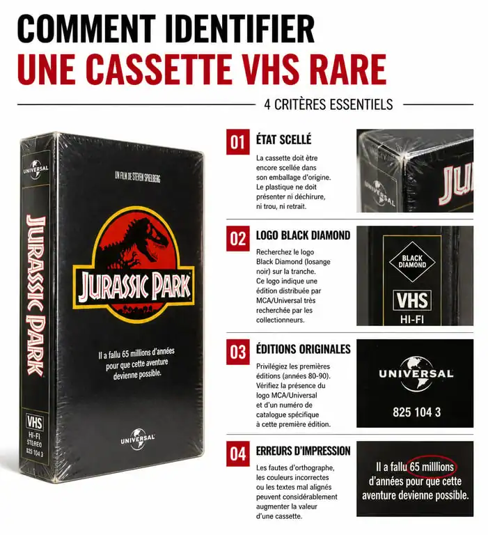 Infographie des critères pour identifier une cassette VHS rare et précieuse