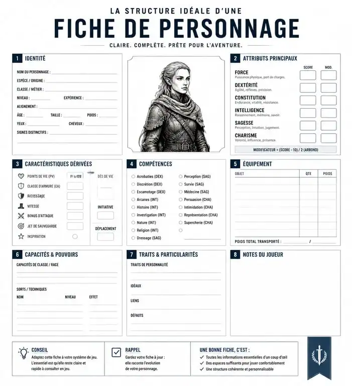 Infographie illustrant la structure d'une fiche perso jdr efficace
