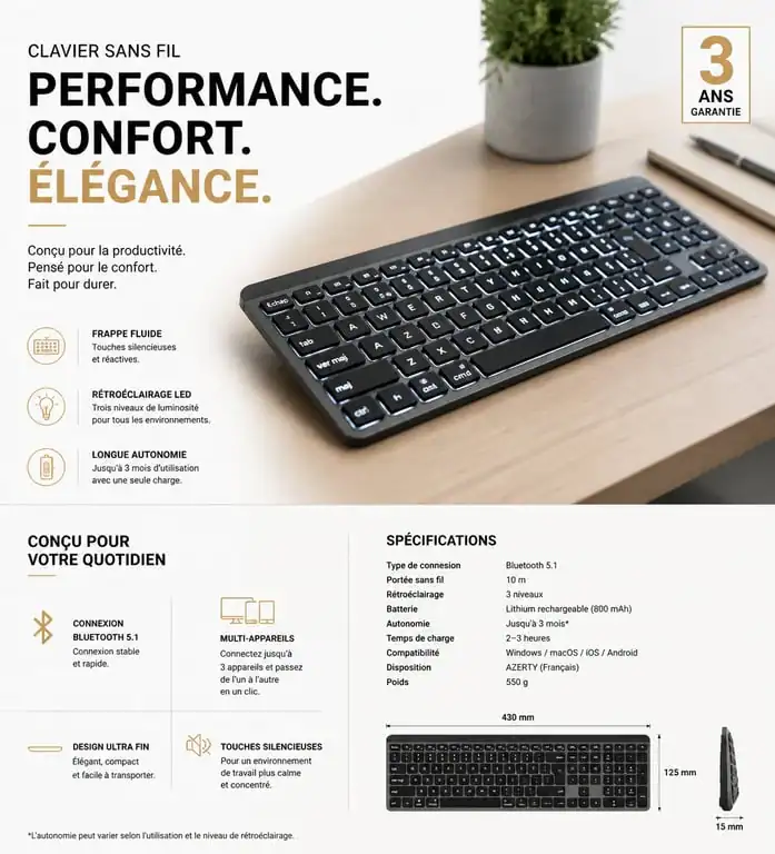 Clavier rétro éclairé sans fil sur un bureau moderne et épuré