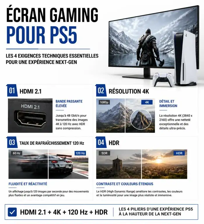 Infographie des critères techniques essentiels pour choisir un écran PS5 : HDMI 2.1, 4K, 120Hz et HDR