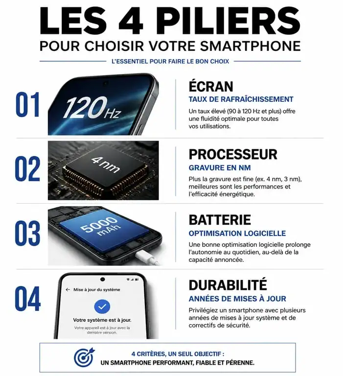 Infographie des critères essentiels pour choisir son smartphone : écran, processeur, batterie et durabilité logicielle.