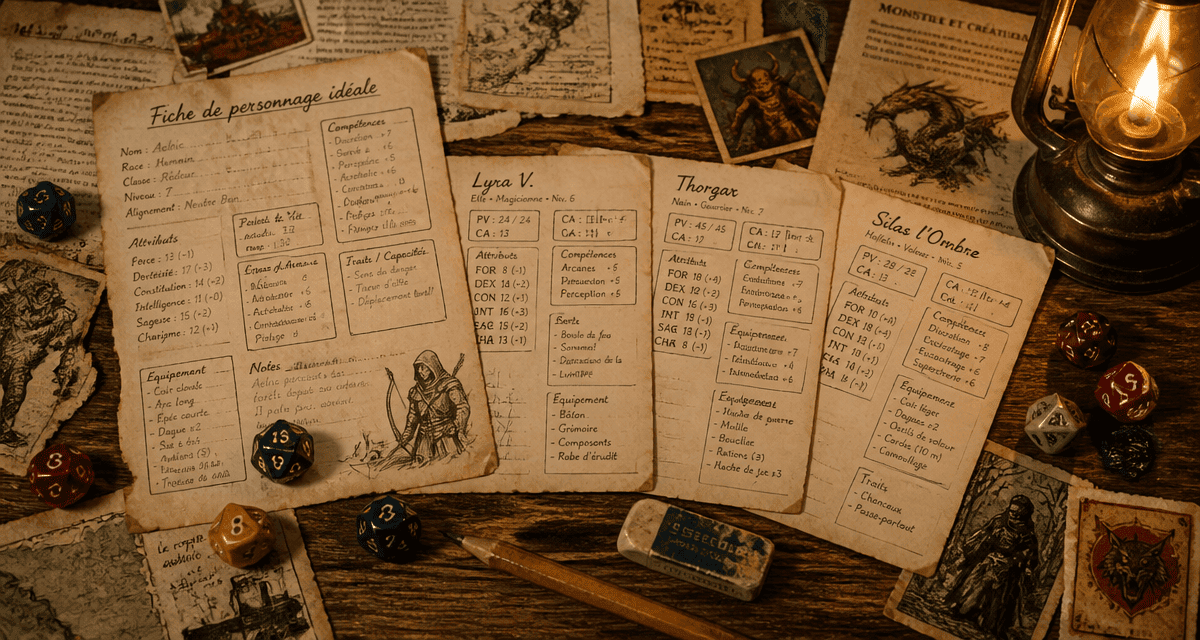 Fiche perso JDR sur table avec dés et accessoires