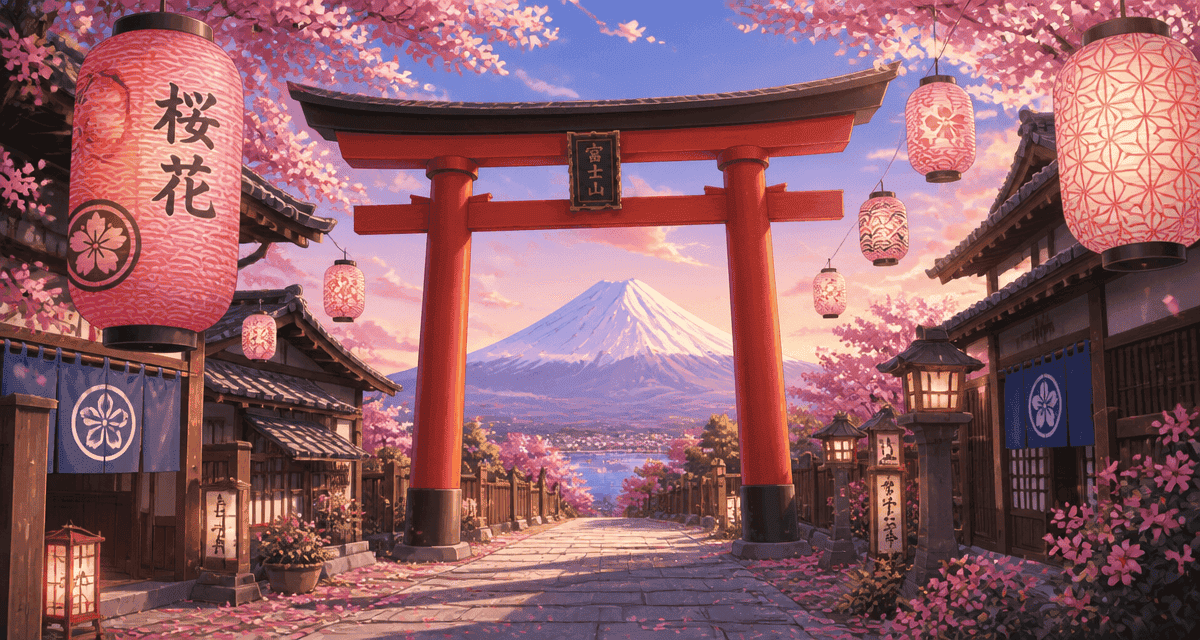 Symbole japonaise Torii devant Mont Fuji sous cerisier