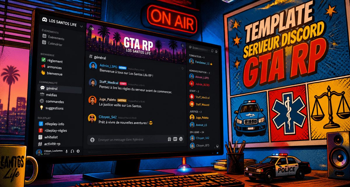 template serveur discord gta rp écran salons colorés