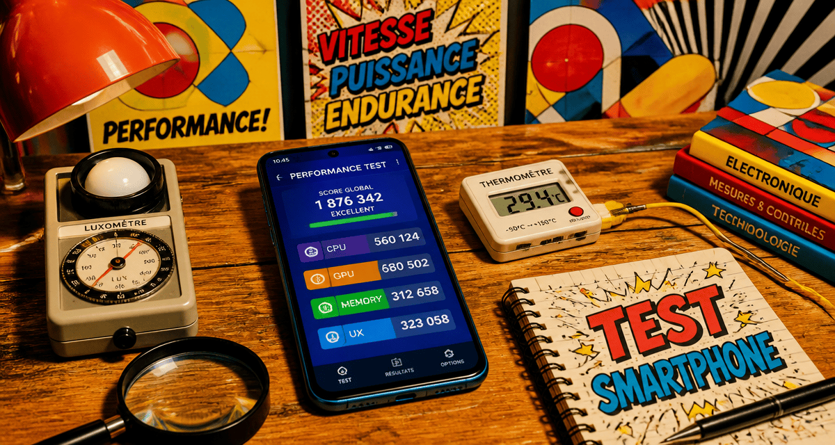 test smartphone avec outils de mesure rétro sur bureau