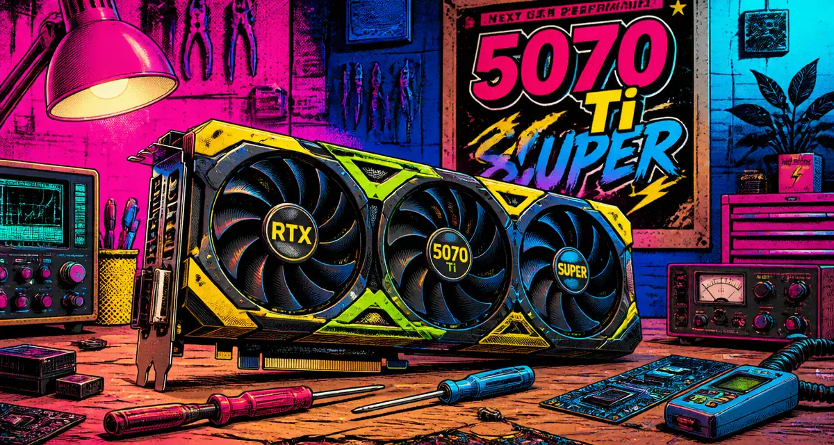 5070 ti super sur établi high-tech pop art