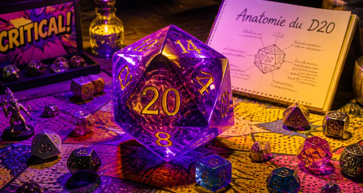 D20 géant équilibré sur table