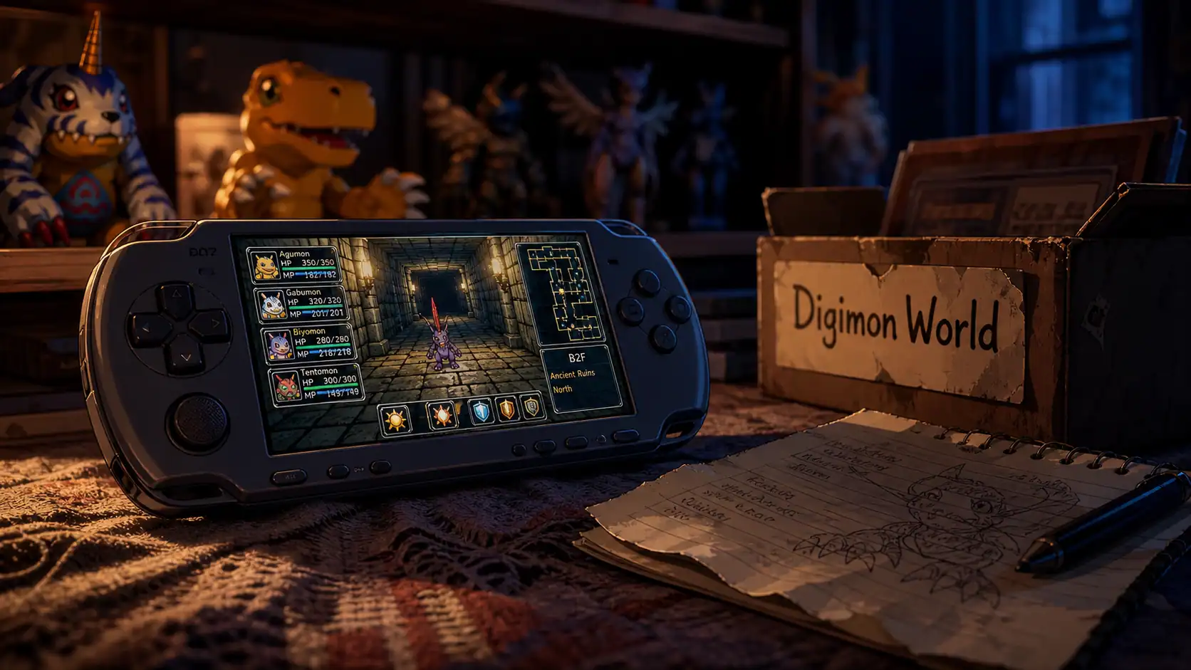 Digimon jeu : console portable RPG montrant un donjon