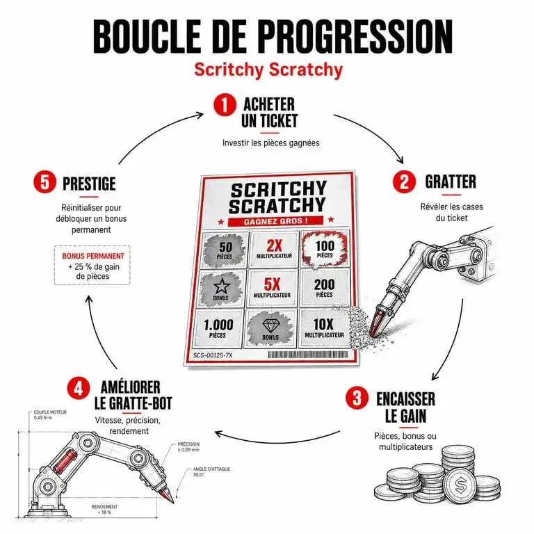 Schéma de progression et boucle de gameplay du scratchy jeu Scritchy Scratchy